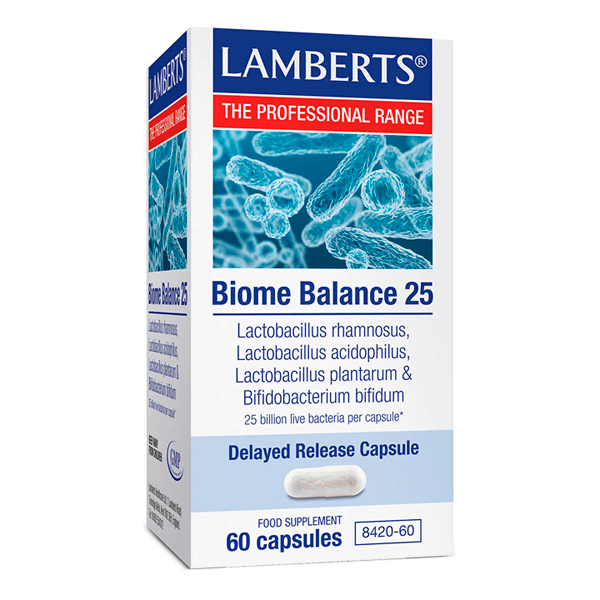 Biome Balance 25 envase de 60 cápsulas de la categoría probioticos de la marca Lamberts