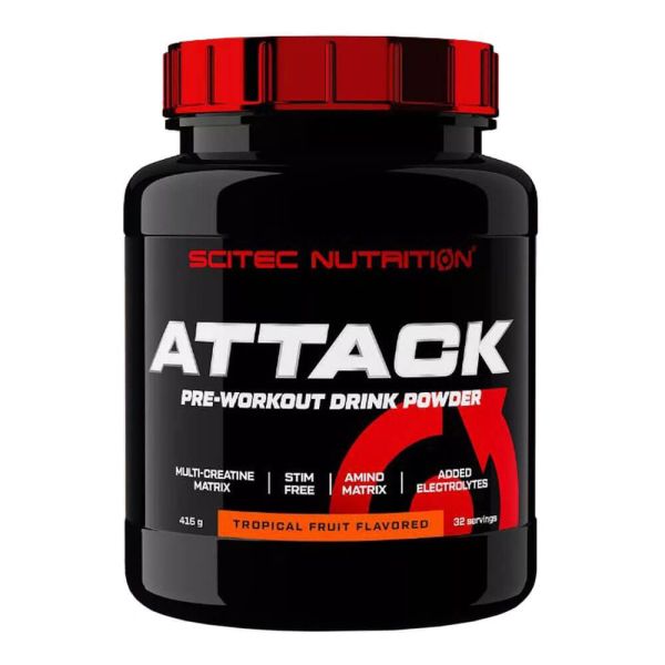 Attack presentación de 416g en la sección de pre entreno por Scitec Nutrition