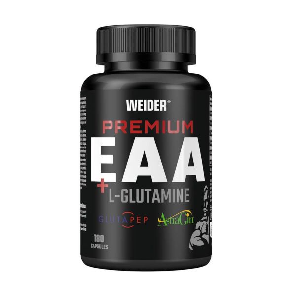 Premium EAA + Glutamina envase de 180 cápsulas suplemento de esenciales e hidrolizados hecho por Weider